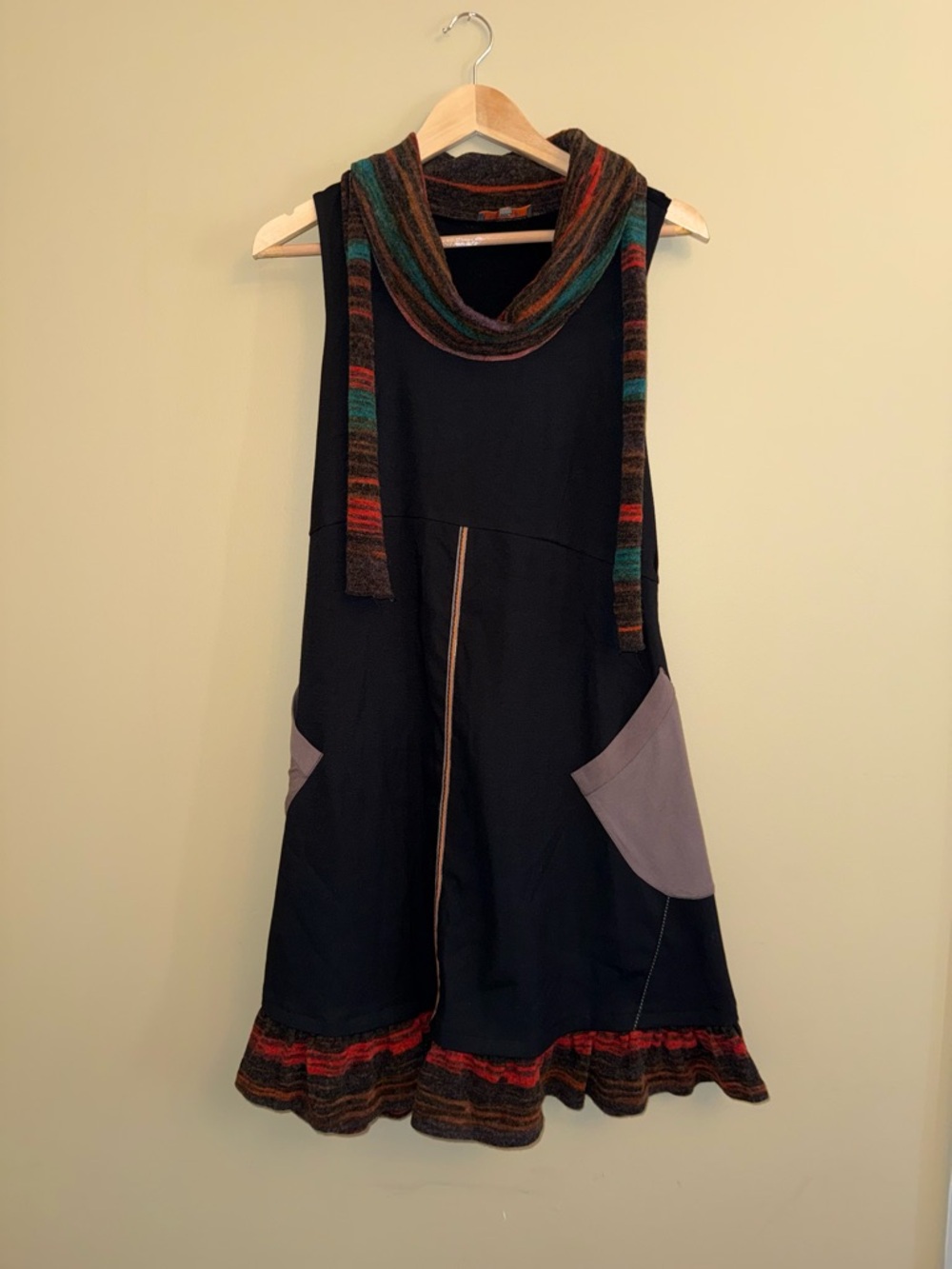 Mia Soana Black Sleeveless Tunic Dress Sz 40 Art To Wear Cow Neck Patchwork Euro